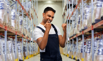 Image showing indian worker celebrating success at warehouse