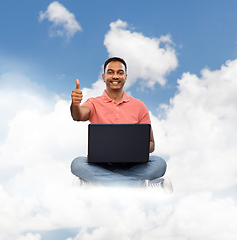 Image showing happy indian man with laptop showing thumbs up