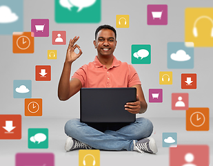 Image showing happy indian man with laptop computer showing ok