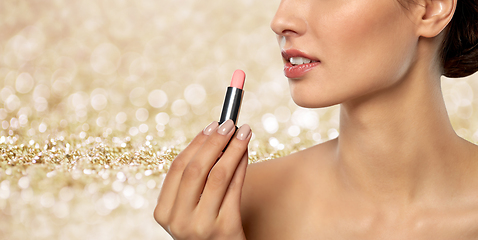 Image showing beautiful smiling young woman with pink lipstick