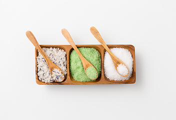 Image showing sea salt and spoons on wooden tray