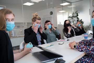 Image showing real business people on meeting wearing protective mask