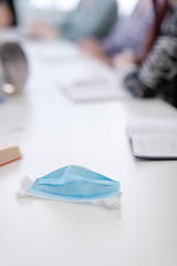 Image showing Closeup of protective medical face mask at desk on business meeting