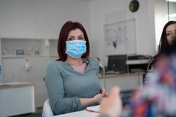 Image showing business team in protective medical mask at modern office