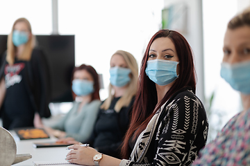 Image showing real business people on meeting wearing protective mask