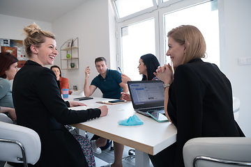 Image showing real business people on meeting wearing protective mask