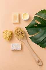 Image showing natural soap, brush, sponge and body butter