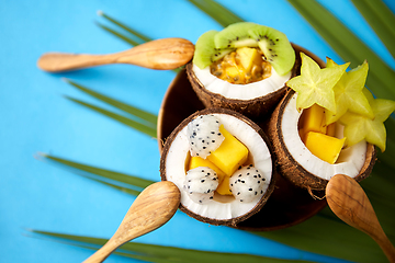 Image showing mix of exotic fruits in coconut shells with spoons
