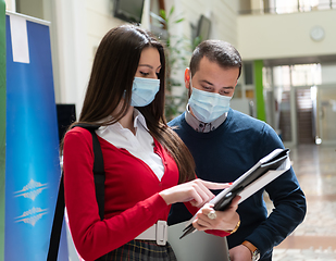 Image showing Portrait of multiethnic students group at university wearing protective face mask