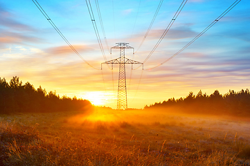 Image showing Power lines and sunrise landscape 