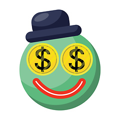 Image showing Blue round emoji face with dollar eyes and hat vector illustrati