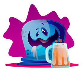Image showing Drunk cartoon blue monster vector illustarton on white backgroun