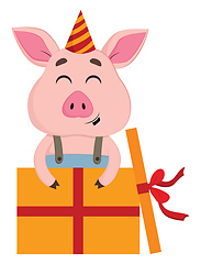 Image showing A cute little cartoon pig holding a colorful gift vector or colo