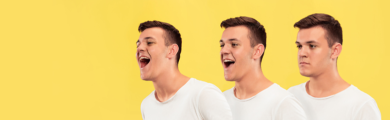 Image showing Caucasian young man\'s close up portrait on yellow background