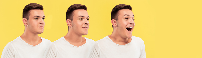 Image showing Caucasian young man\'s close up portrait on yellow background