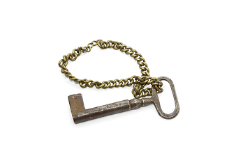 Image showing Very old vintage iron rusty key on a chain