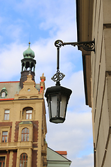 Image showing Traditional vintage street lamp and architecture of Prague