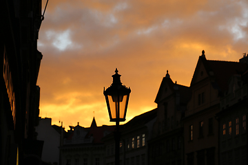 Image showing Traditional street lamp and architecture of Prague in the evenin