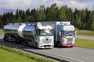 Image showing Trucks Overtaking in Motorway Traffic