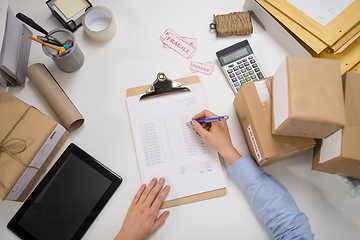 Image showing woman with parcels and clipboard at post office