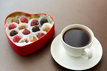 Image showing candies in heart shaped chocolate box and coffee