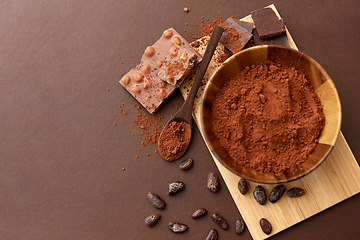 Image showing chocolate with hazelnuts, cocoa beans and powder