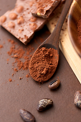 Image showing cocoa powder on wooden spoon with chocolate