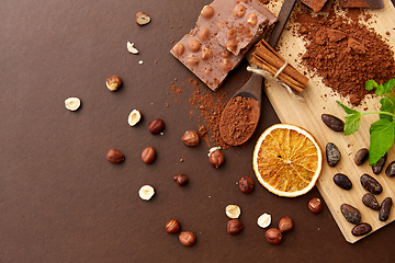 Image showing chocolate with hazelnuts, cocoa beans and powder