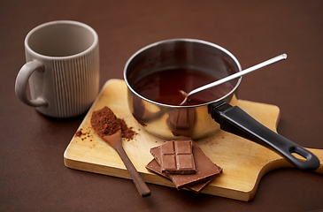 Image showing pot with hot chocolate, mug and cocoa powder