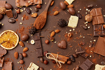 Image showing cocoa beans, chocolate, nuts and cinnamon sticks