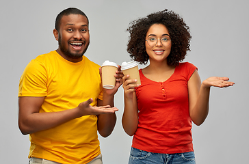 Image showing happy african american couple with coffee cups