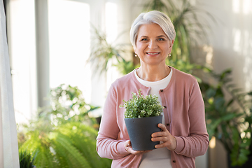 Image showing happy senior woman with flower in pot at home