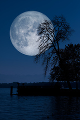 Image showing Full moon with tree lake reflections