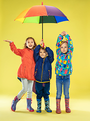 Image showing A full length portrait of a bright fashionable kids in a raincoat