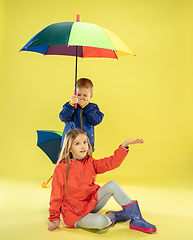 Image showing A full length portrait of a bright fashionable kids in a raincoat