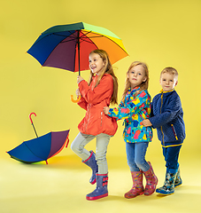 Image showing A full length portrait of a bright fashionable kids in a raincoat