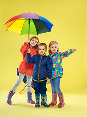 Image showing A full length portrait of a bright fashionable kids in a raincoat