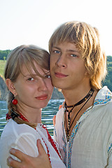 Image showing Portrait of the young beauty couple outdoors
