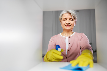 Image showing happy senior woman with cloth dusting rack at home