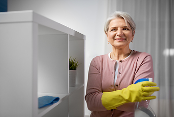 Image showing senior woman cleaning rack with detergent at home