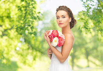 Image showing young woman or bride with bouquet of flowers