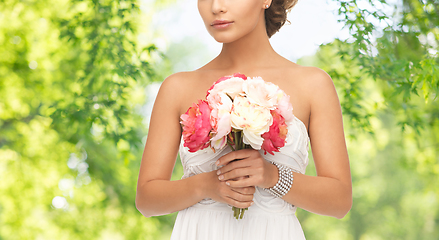 Image showing young woman or bride with bouquet of flowers