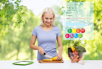 Image showing smiling young woman cooking vegetables