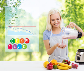 Image showing smiling woman with blender pouring fruit smoothie