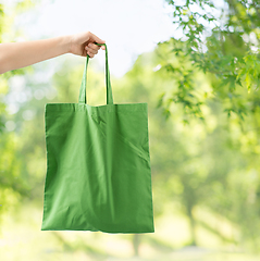 Image showing hand holding reusable canvas bag for food shopping