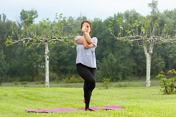 Image showing Young beautiful woman doing yoga exercise in green park. Healthy lifestyle and fitness concept.