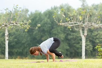 Image showing Young beautiful woman doing yoga exercise in green park. Healthy lifestyle and fitness concept.