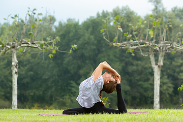 Image showing Young beautiful woman doing yoga exercise in green park. Healthy lifestyle and fitness concept.