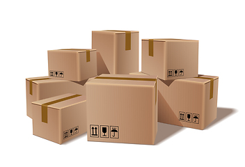 Image showing Pile of stacked sealed goods cardboard boxes.