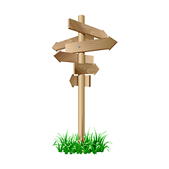 Image showing Multidirectional wooden road signpost with arrows